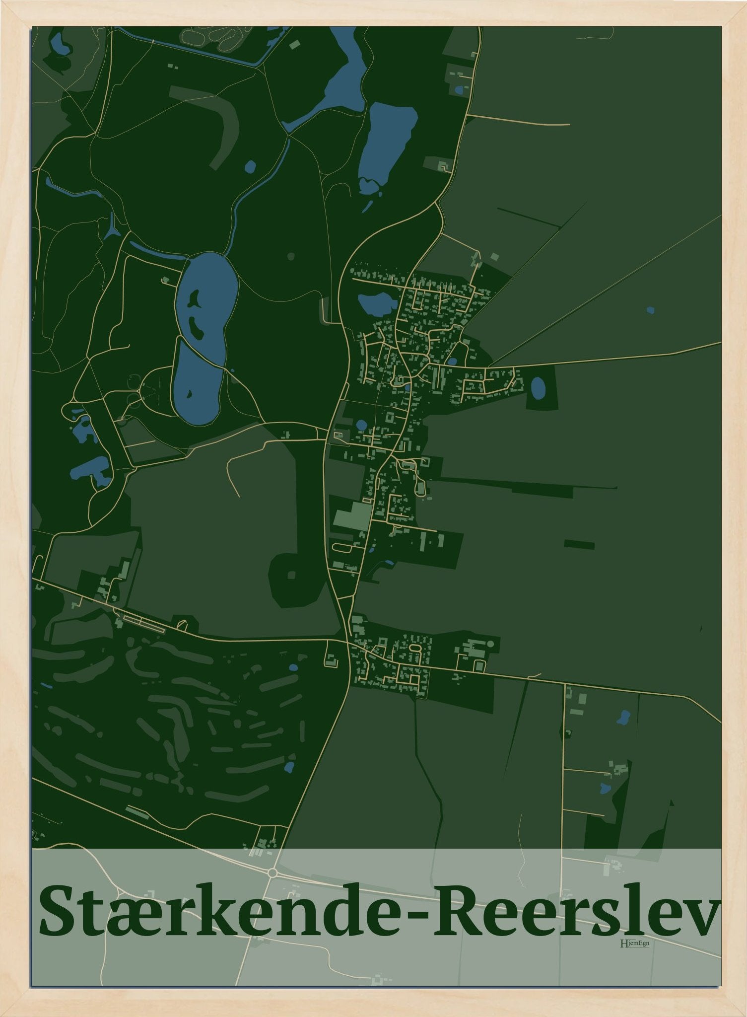 Stærkende-reerslev plakat i farve mørk grøn og HjemEgn.dk design firkantet. Design bykort for Stærkende-reerslev