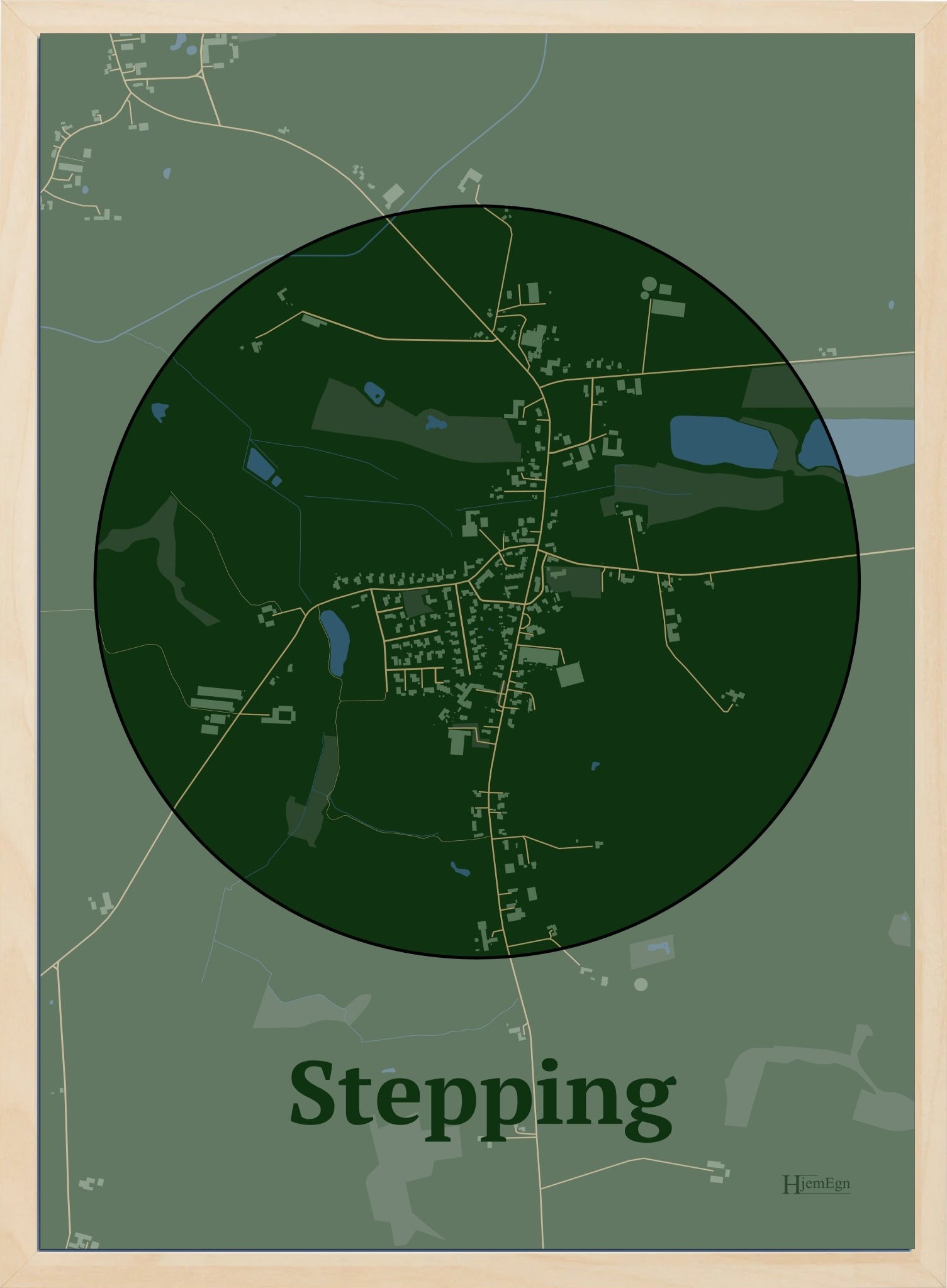 Stepping plakat i farve mørk grøn og HjemEgn.dk design centrum. Design bykort for Stepping