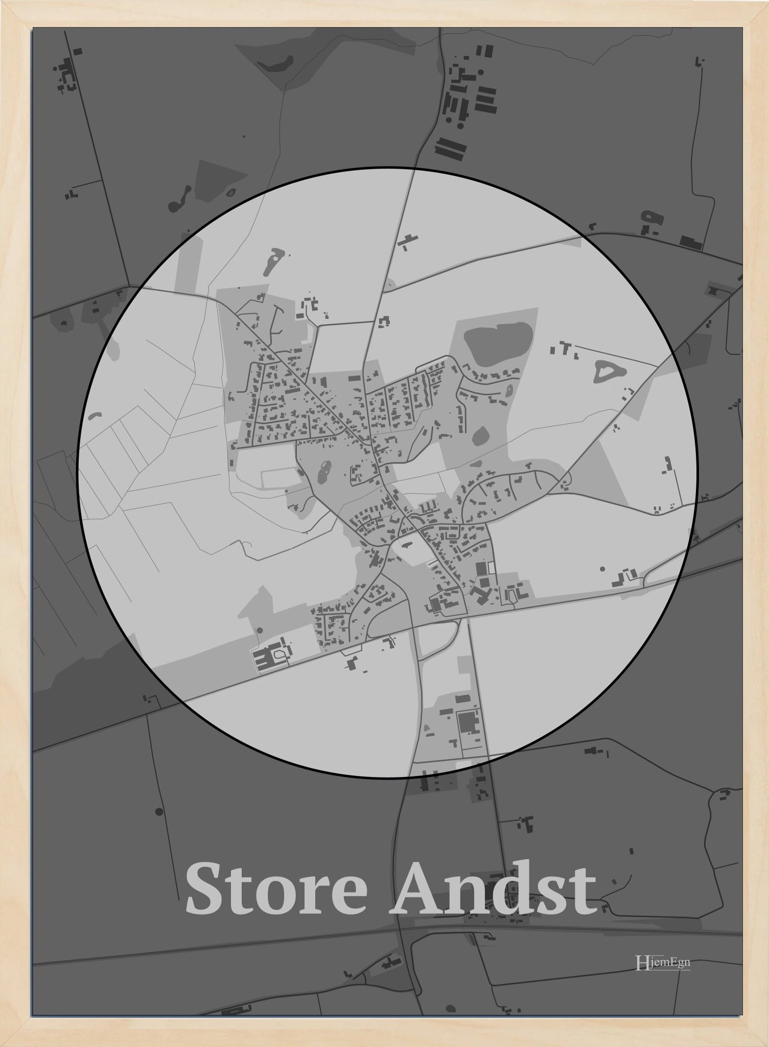 Store Andst plakat i farve pastel grå og HjemEgn.dk design centrum. Design bykort for Store Andst