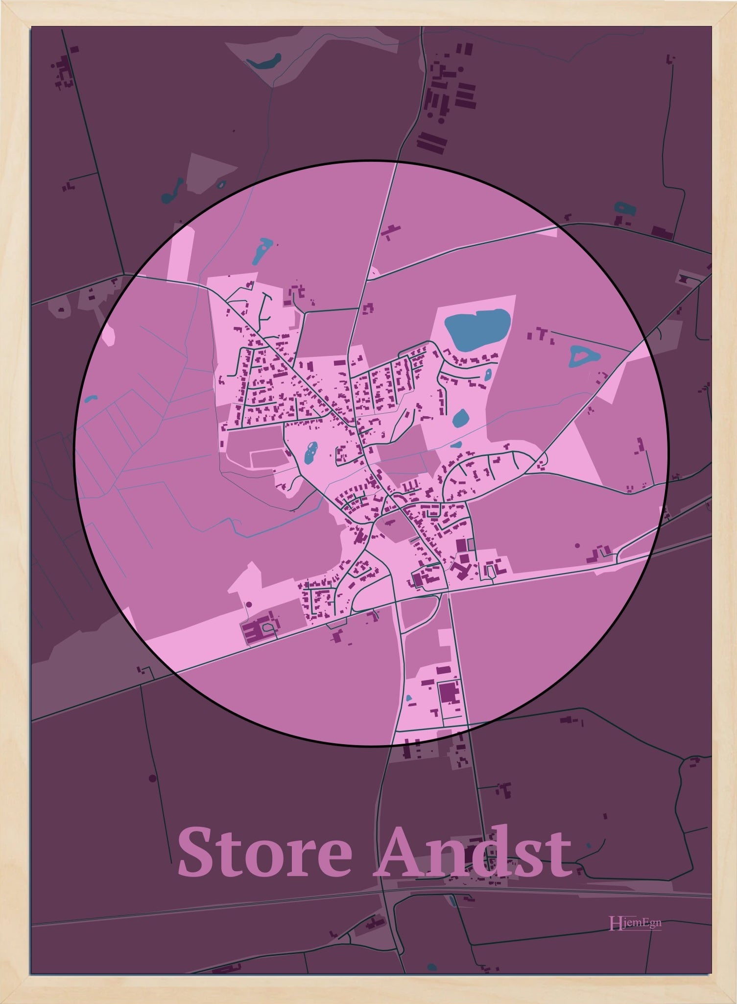Store Andst plakat i farve pastel rød og HjemEgn.dk design centrum. Design bykort for Store Andst