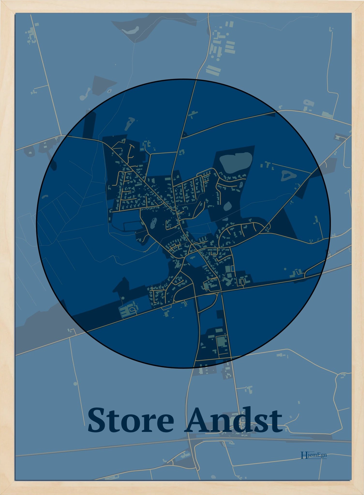 Store Andst plakat i farve mørk blå og HjemEgn.dk design centrum. Design bykort for Store Andst
