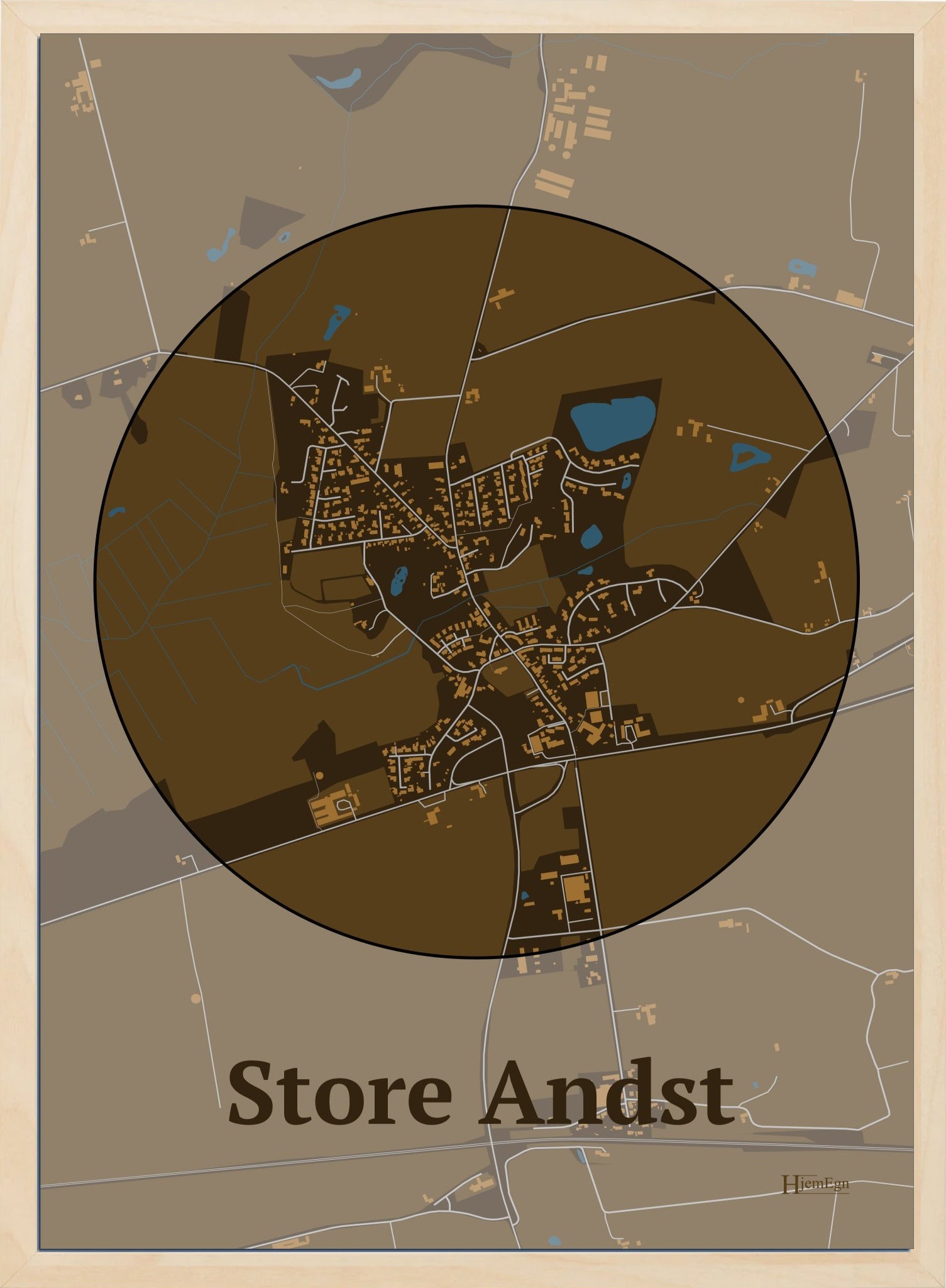 Store Andst plakat i farve mørk brun og HjemEgn.dk design centrum. Design bykort for Store Andst