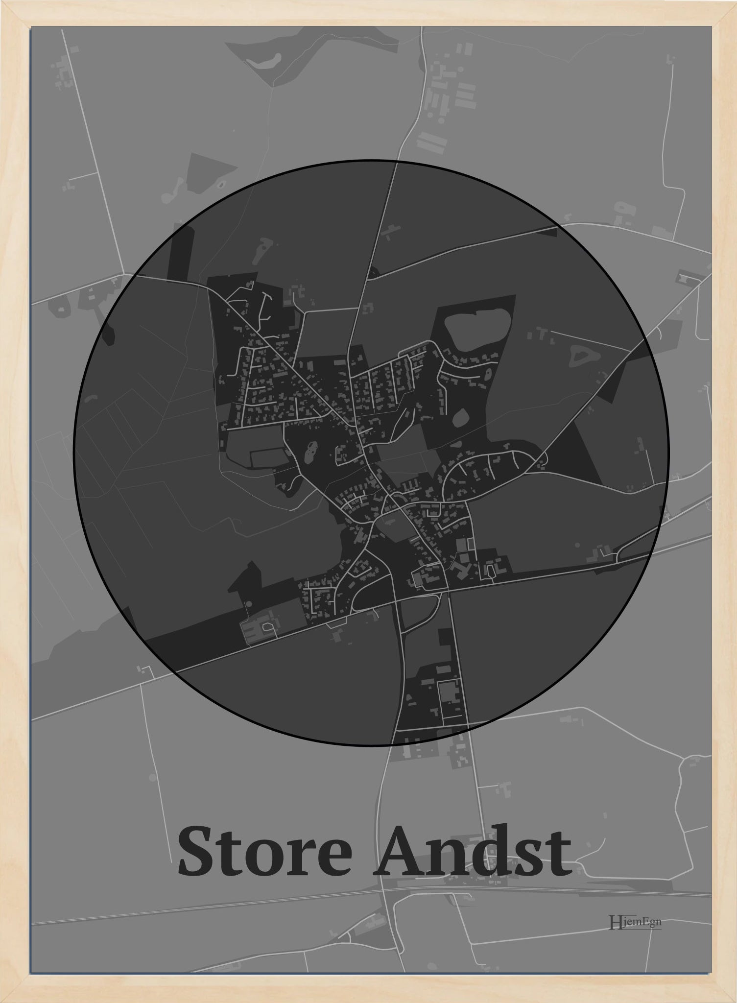 Store Andst plakat i farve mørk grå og HjemEgn.dk design centrum. Design bykort for Store Andst