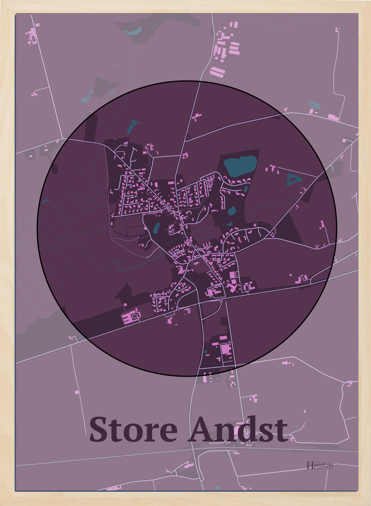 Store Andst plakat i farve mørk rød og HjemEgn.dk design centrum. Design bykort for Store Andst