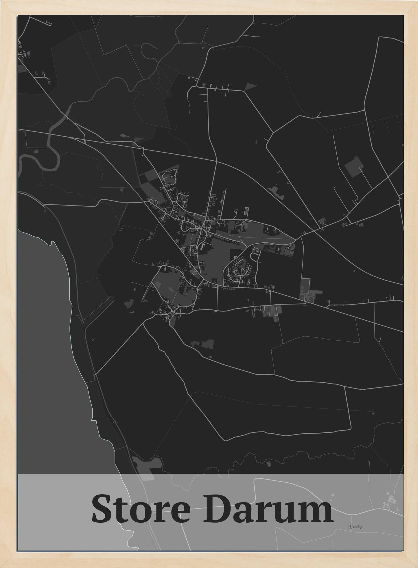 Store Darum plakat i  mørk grå og HjemEgn.dk design firkantet. Design bykort for Store Darum