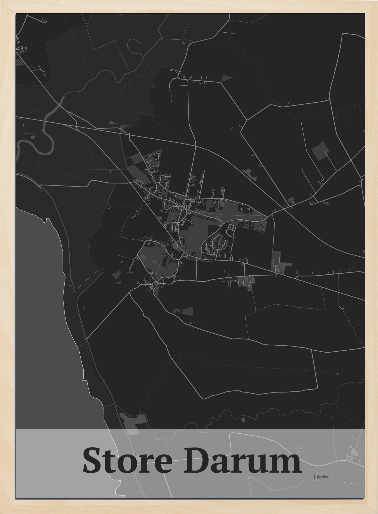 Store Darum plakat i  mørk grå og HjemEgn.dk design firkantet. Design bykort for Store Darum