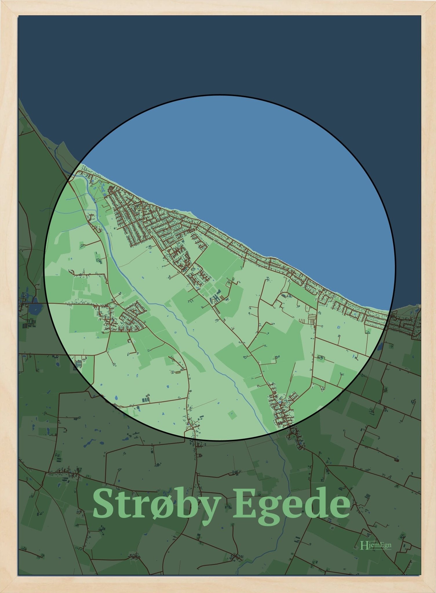 Strøby Egede plakat i farve pastel grøn og HjemEgn.dk design centrum. Design bykort for Strøby Egede