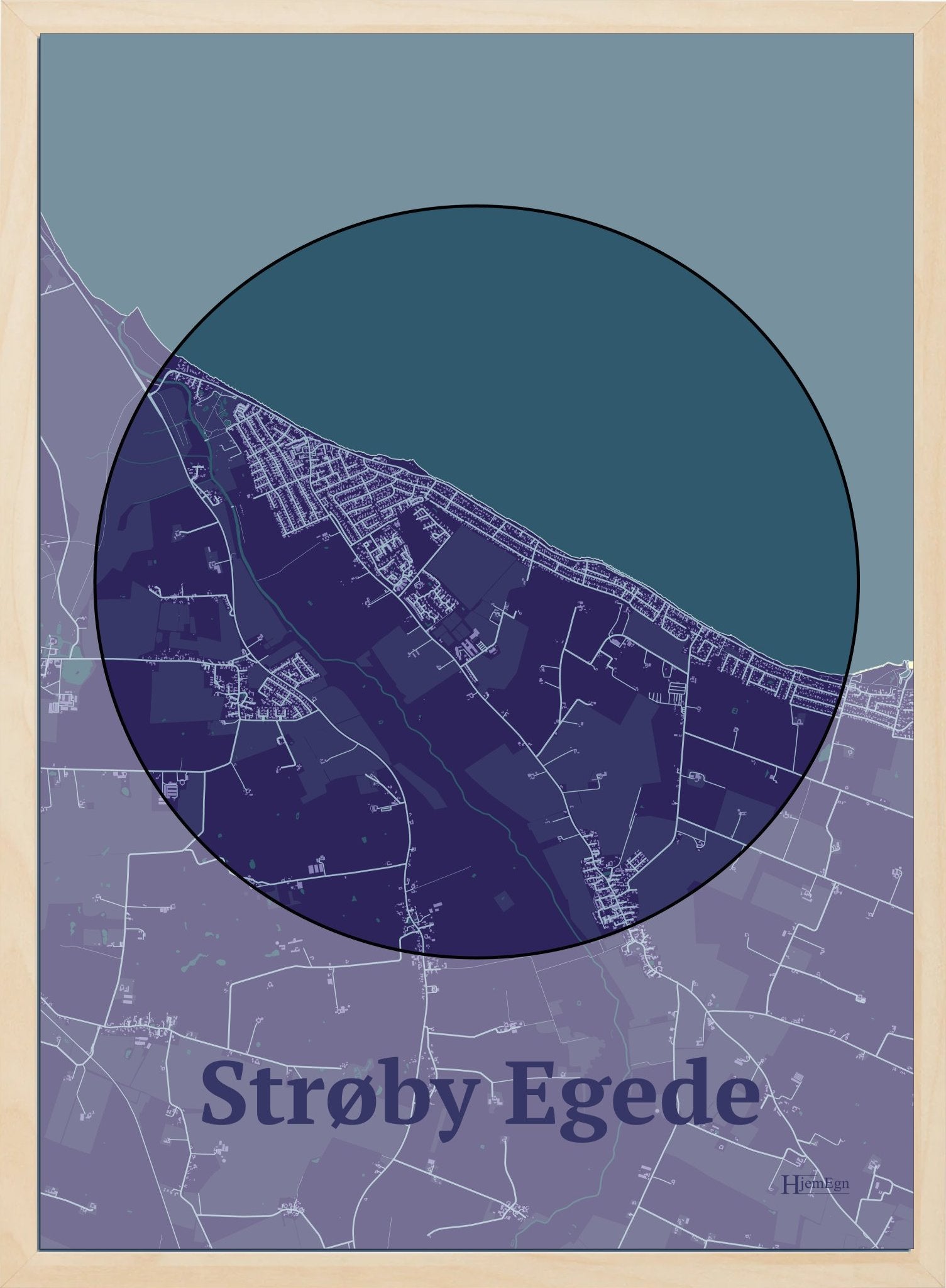 Strøby Egede plakat i farve mørk lilla og HjemEgn.dk design centrum. Design bykort for Strøby Egede
