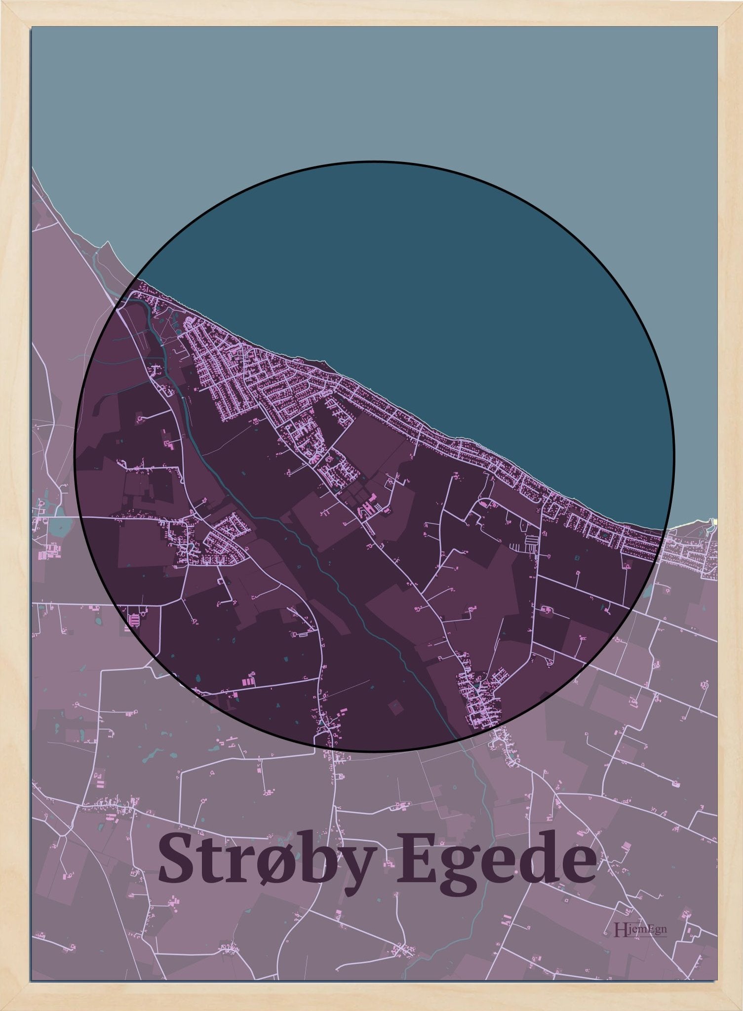 Strøby Egede plakat i farve mørk rød og HjemEgn.dk design centrum. Design bykort for Strøby Egede