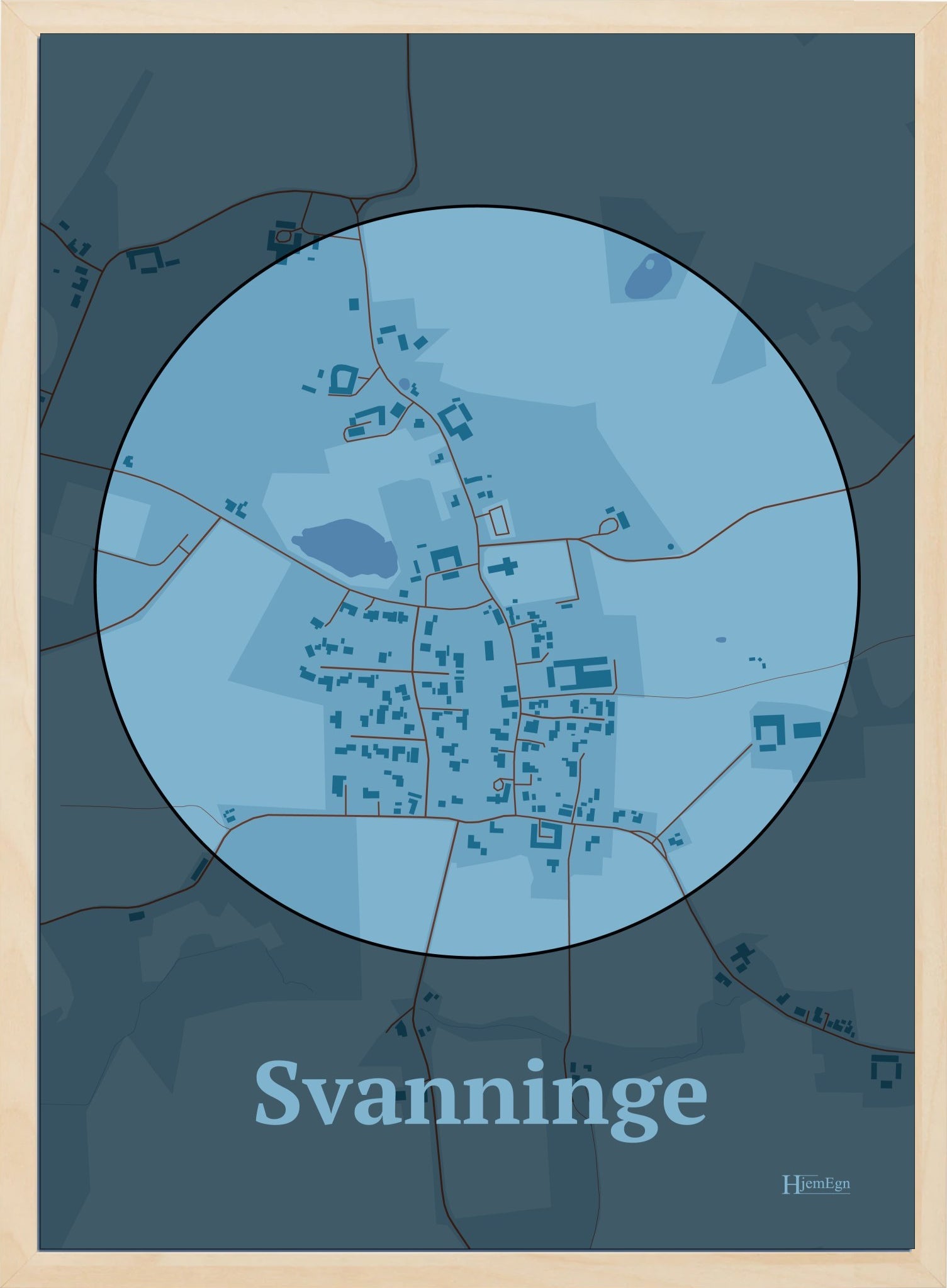 Svanninge plakat i farve pastel blå og HjemEgn.dk design centrum. Design bykort for Svanninge