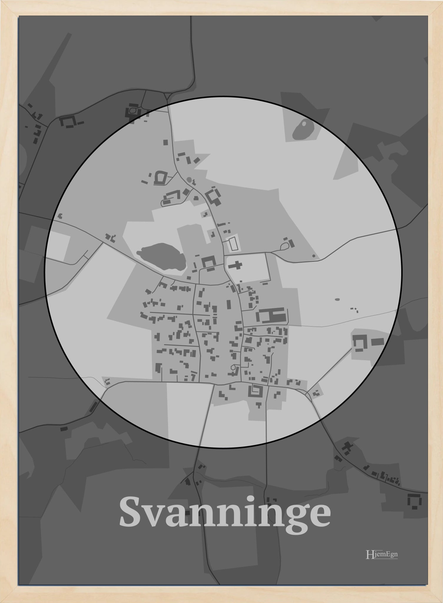 Svanninge plakat i farve pastel grå og HjemEgn.dk design centrum. Design bykort for Svanninge