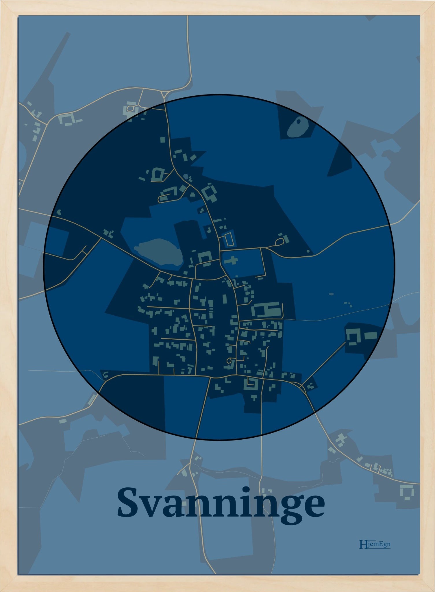 Svanninge plakat i farve mørk blå og HjemEgn.dk design centrum. Design bykort for Svanninge