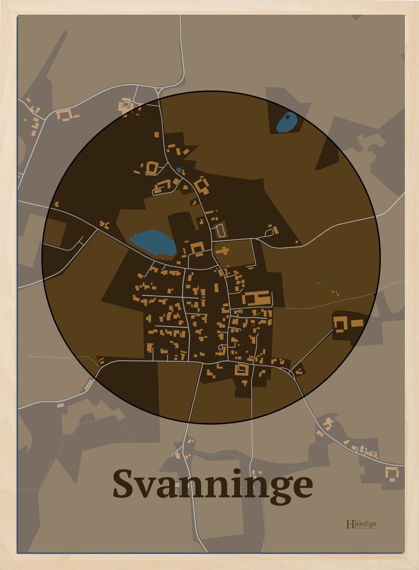 Svanninge plakat i farve mørk brun og HjemEgn.dk design centrum. Design bykort for Svanninge
