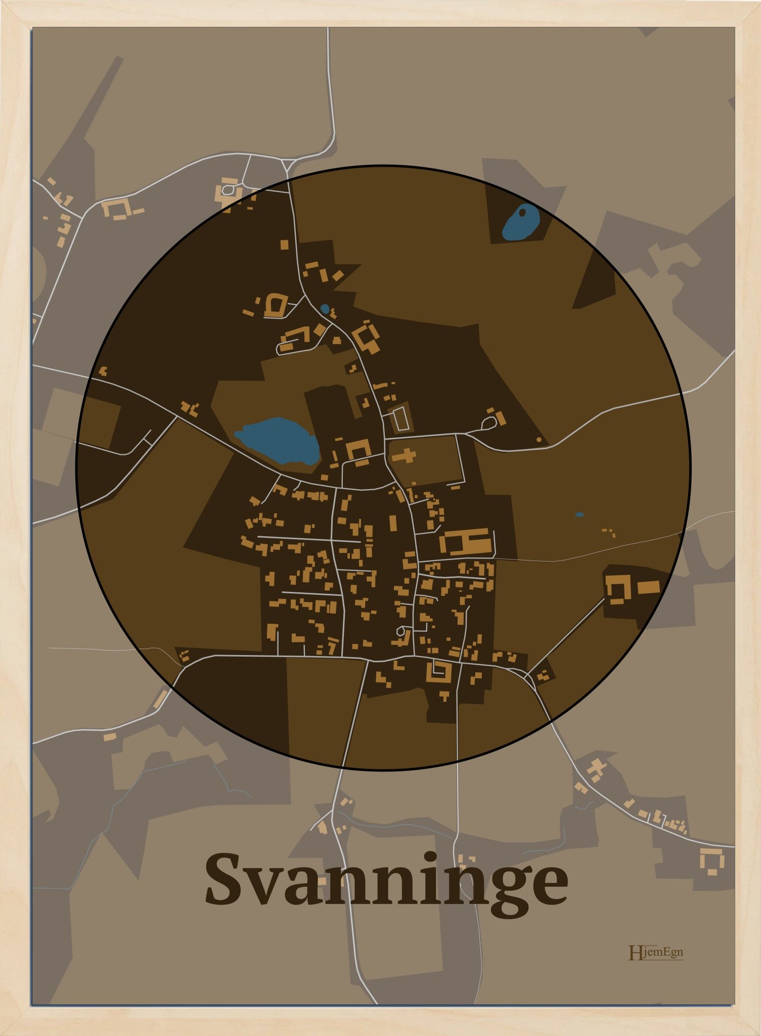 Svanninge plakat i farve mørk brun og HjemEgn.dk design centrum. Design bykort for Svanninge