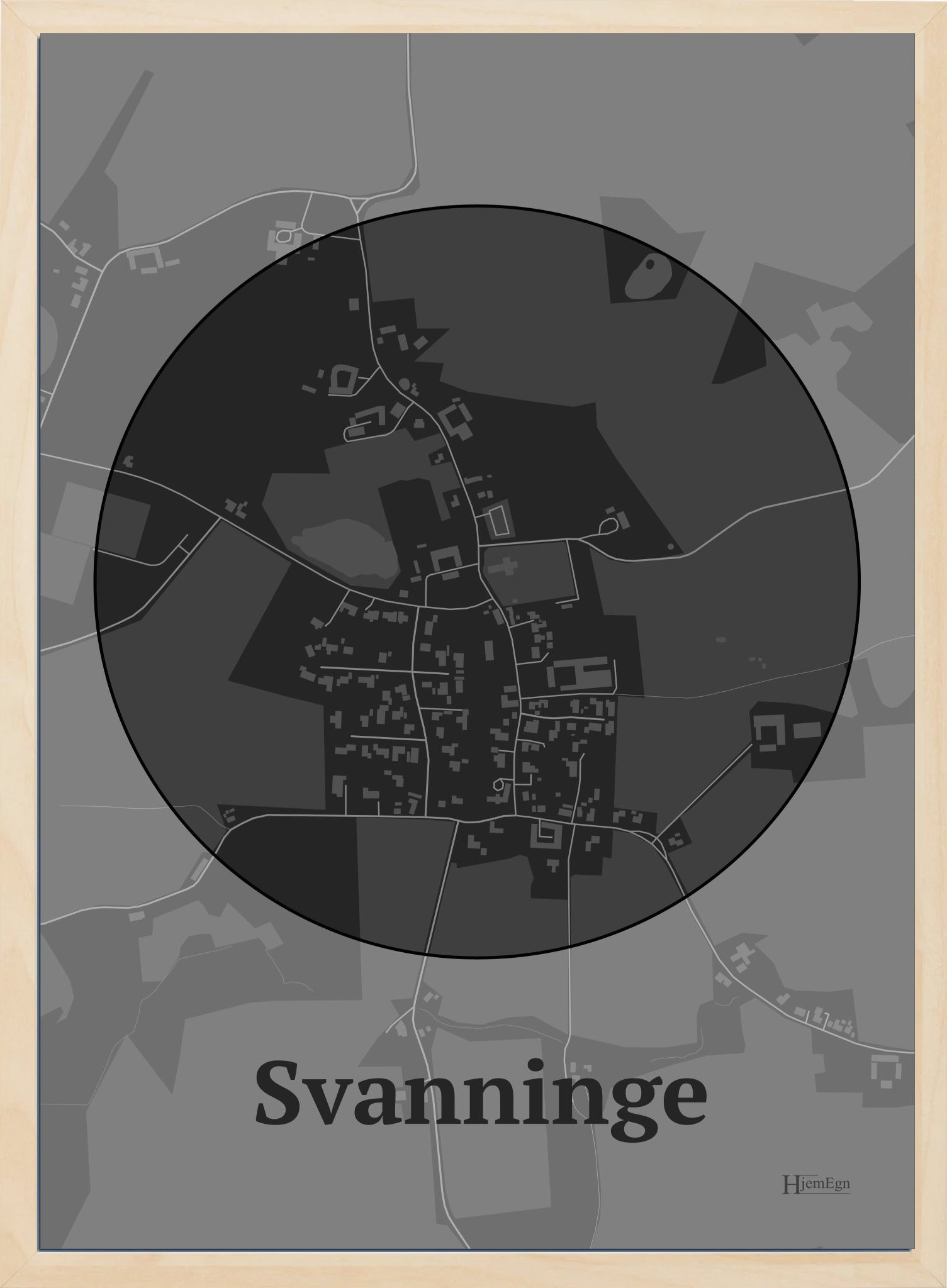Svanninge plakat i farve mørk grå og HjemEgn.dk design centrum. Design bykort for Svanninge