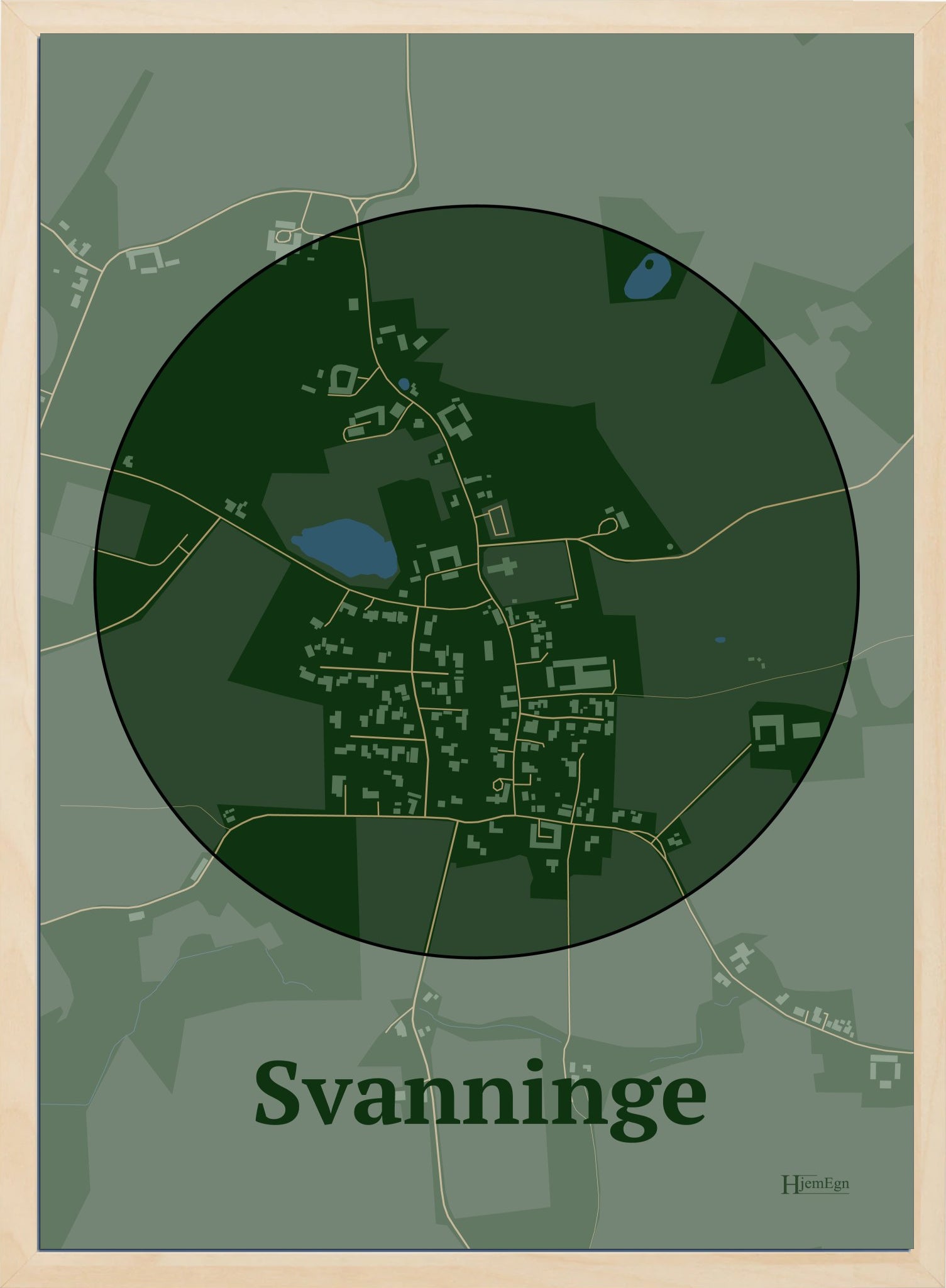 Svanninge plakat i farve mørk grøn og HjemEgn.dk design centrum. Design bykort for Svanninge