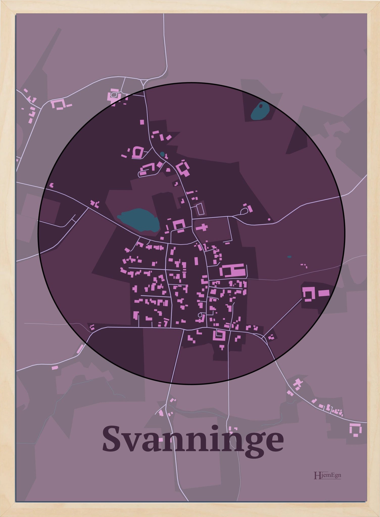 Svanninge plakat i farve mørk rød og HjemEgn.dk design centrum. Design bykort for Svanninge