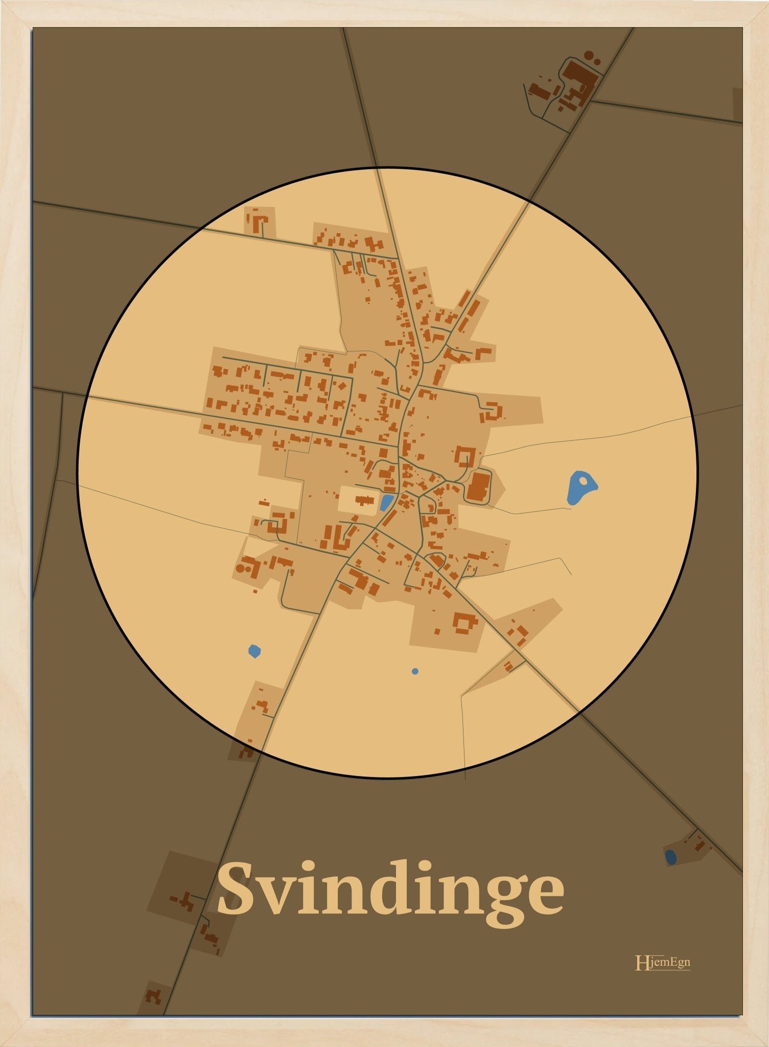 Svindinge plakat i farve pastel brun og HjemEgn.dk design centrum. Design bykort for Svindinge