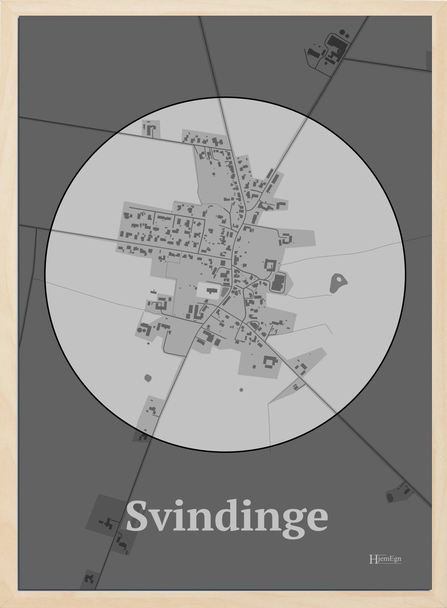 Svindinge plakat i farve pastel grå og HjemEgn.dk design centrum. Design bykort for Svindinge