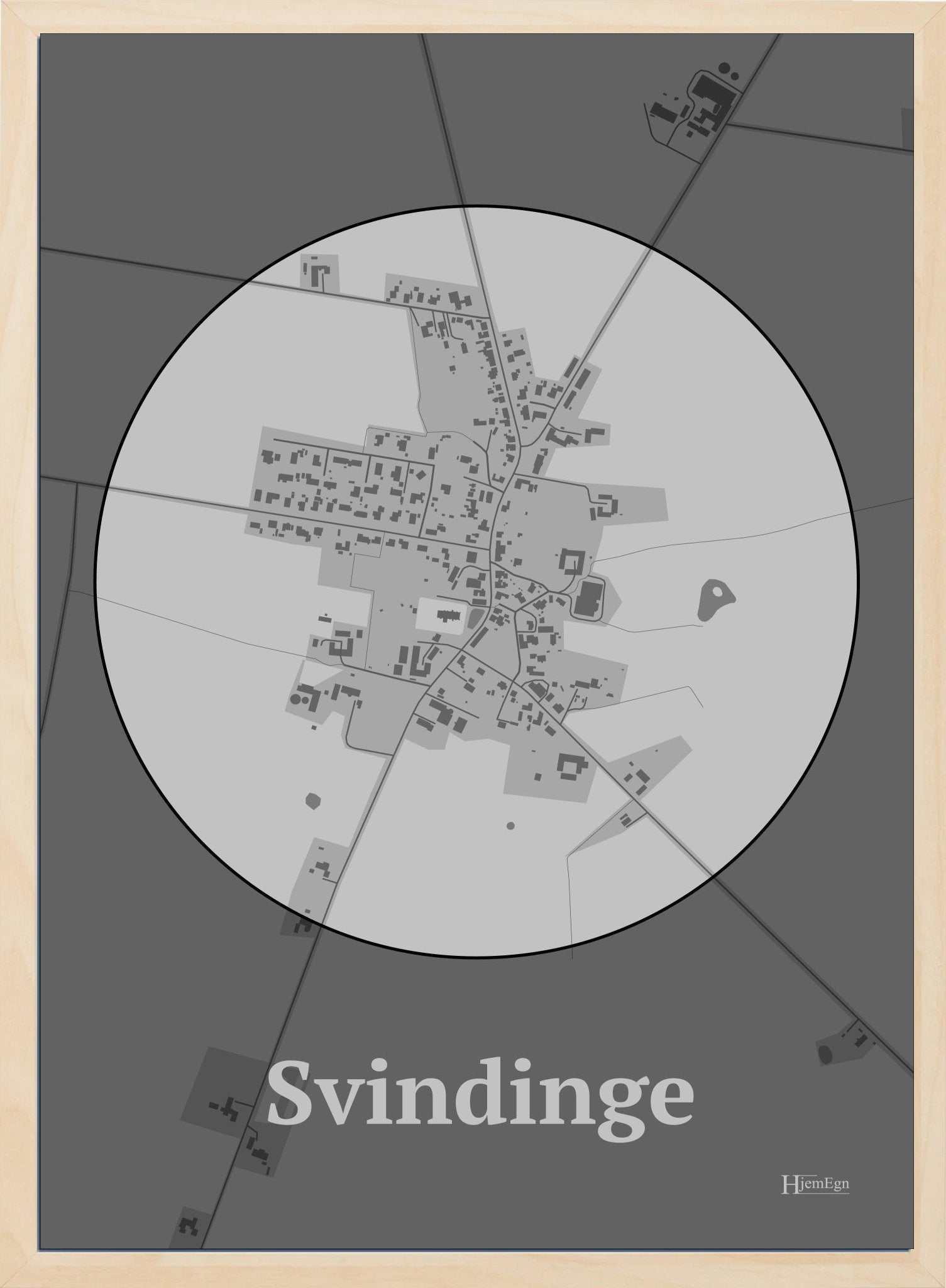 Svindinge plakat i farve pastel grå og HjemEgn.dk design centrum. Design bykort for Svindinge