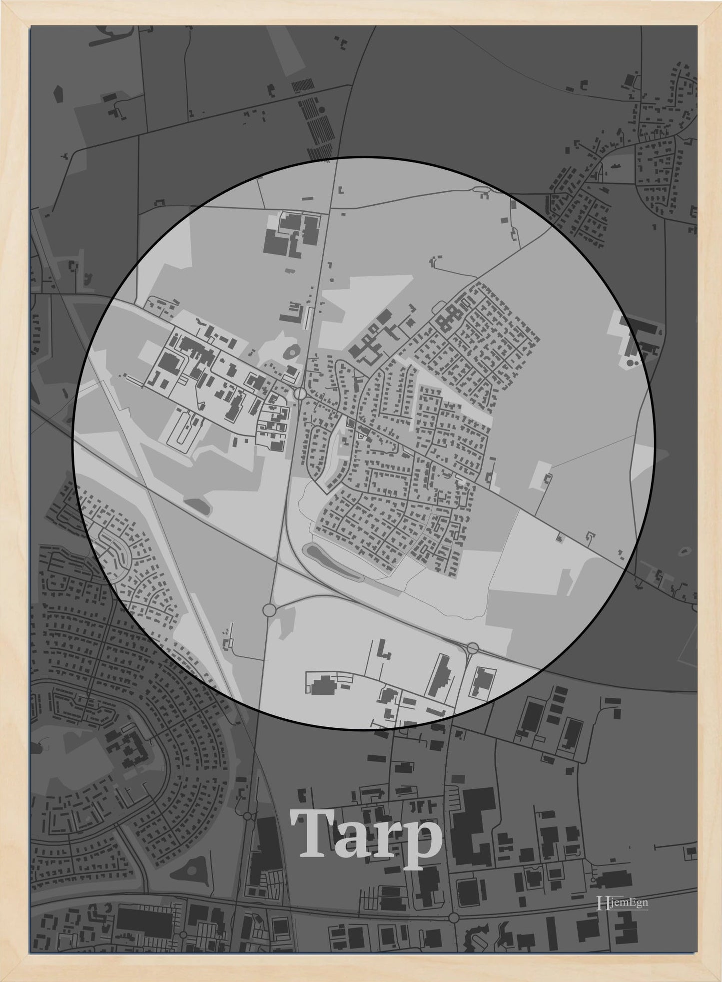Tarp plakat i farve pastel grå og HjemEgn.dk design centrum. Design bykort for Tarp