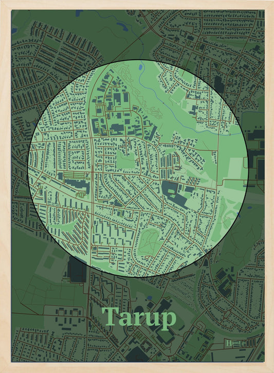 Tarup plakat i farve pastel grøn og HjemEgn.dk design centrum. Design bykort for Tarup