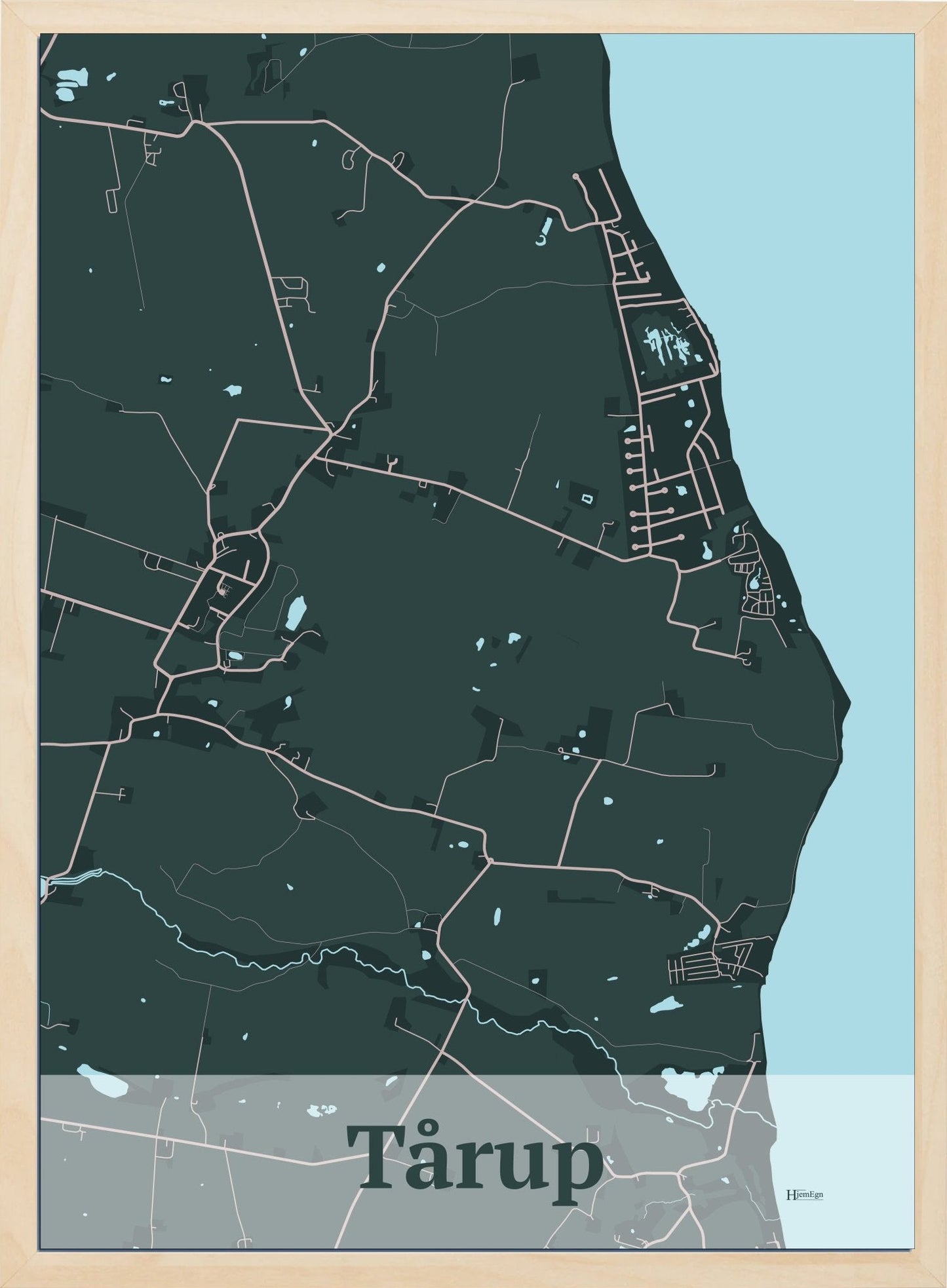Tårup plakat i farve mørk grøn og HjemEgn.dk design firkantet. Design bykort for Tårup