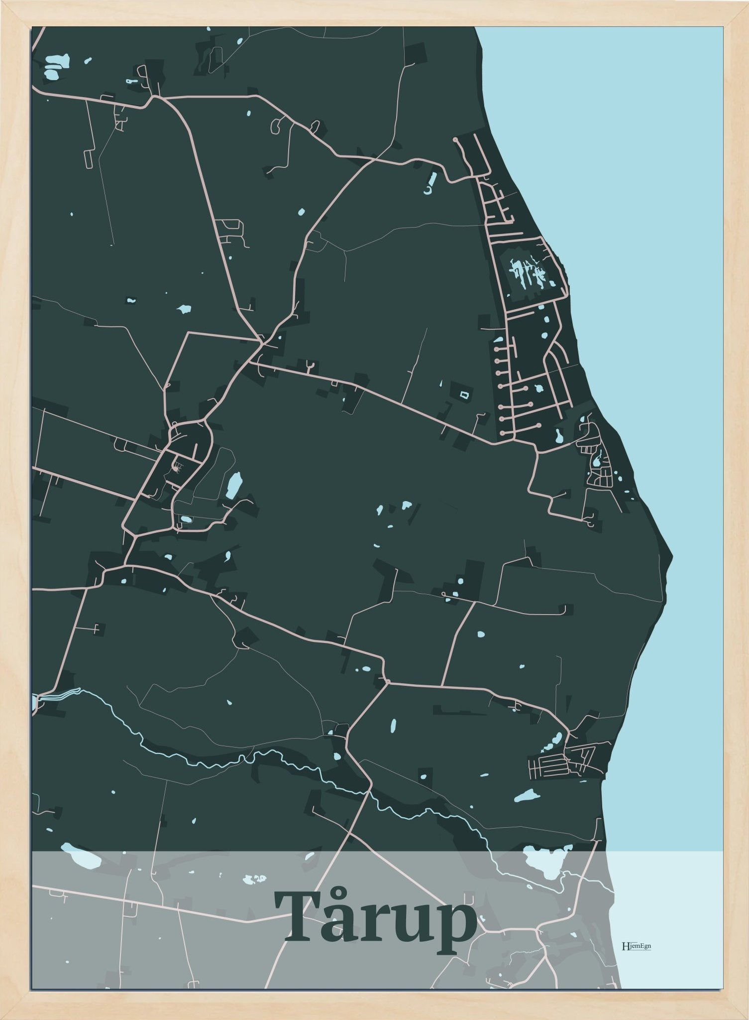 Tårup plakat i farve mørk grøn og HjemEgn.dk design firkantet. Design bykort for Tårup