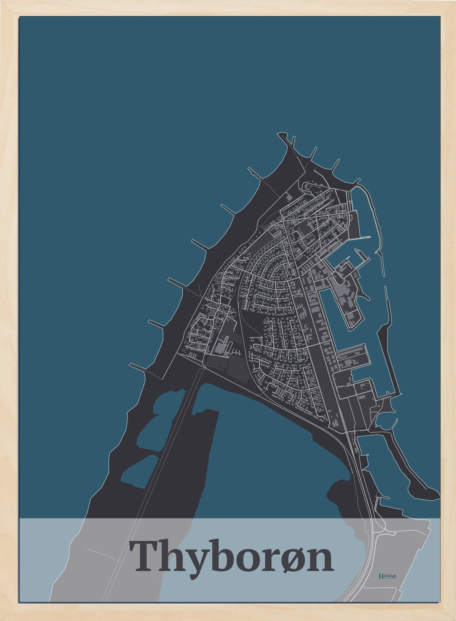 Thyborøn plakat i farve mørk brun og HjemEgn.dk design firkantet. Design bykort for Thyborøn