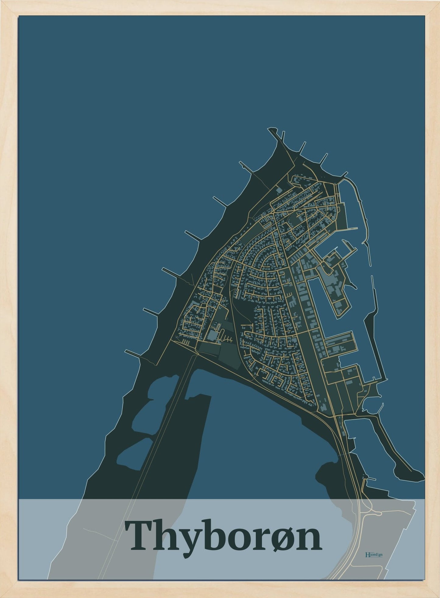 Thyborøn plakat i farve mørk grøn og HjemEgn.dk design firkantet. Design bykort for Thyborøn