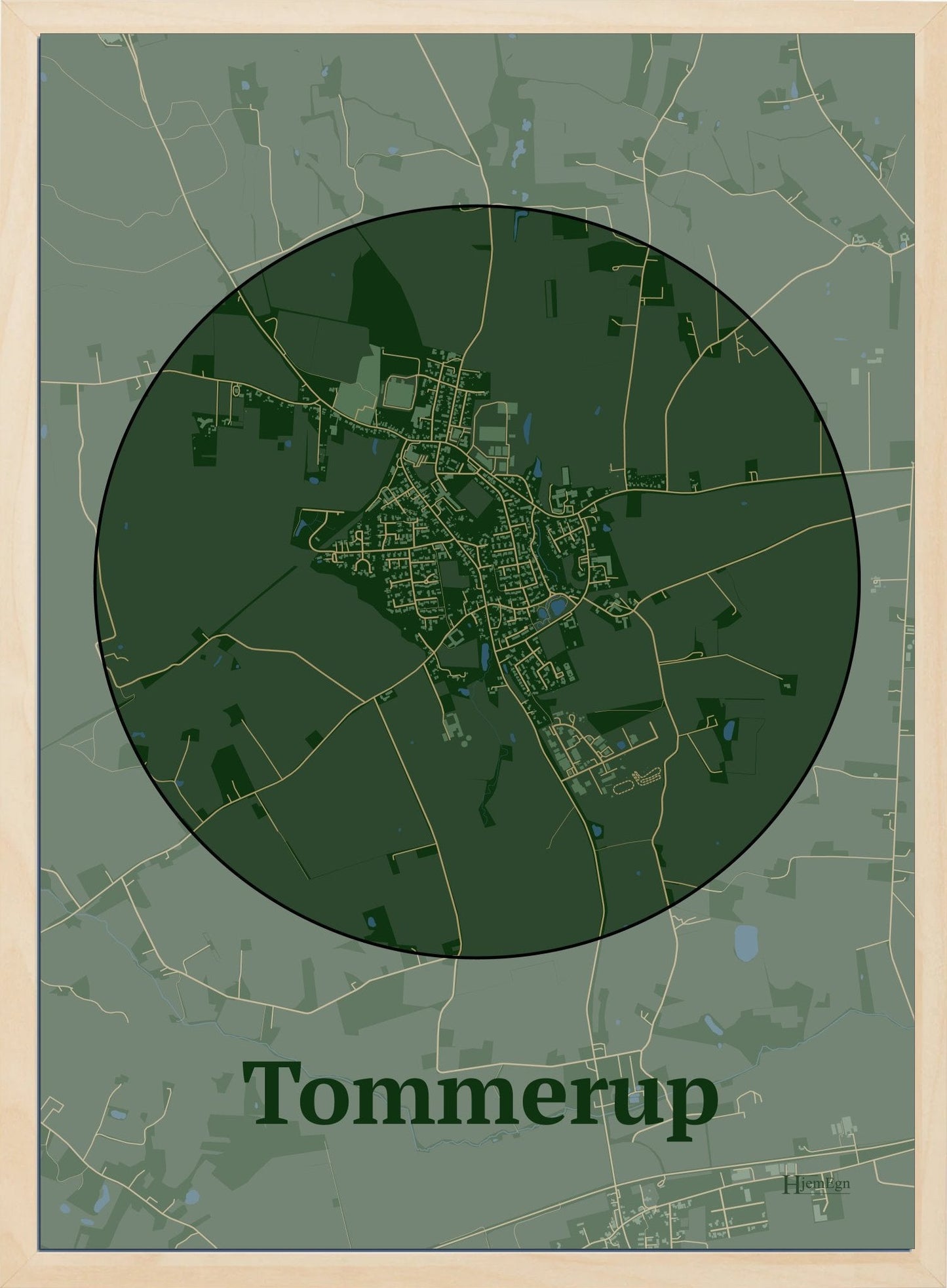 Tommerup plakat i farve mørk grøn og HjemEgn.dk design centrum. Design bykort for Tommerup