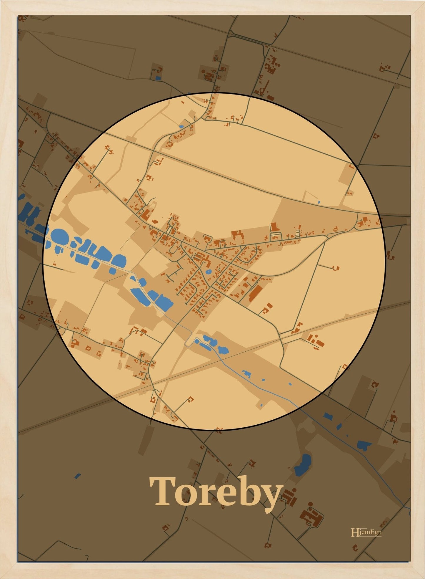 Toreby plakat i farve pastel brun og HjemEgn.dk design centrum. Design bykort for Toreby