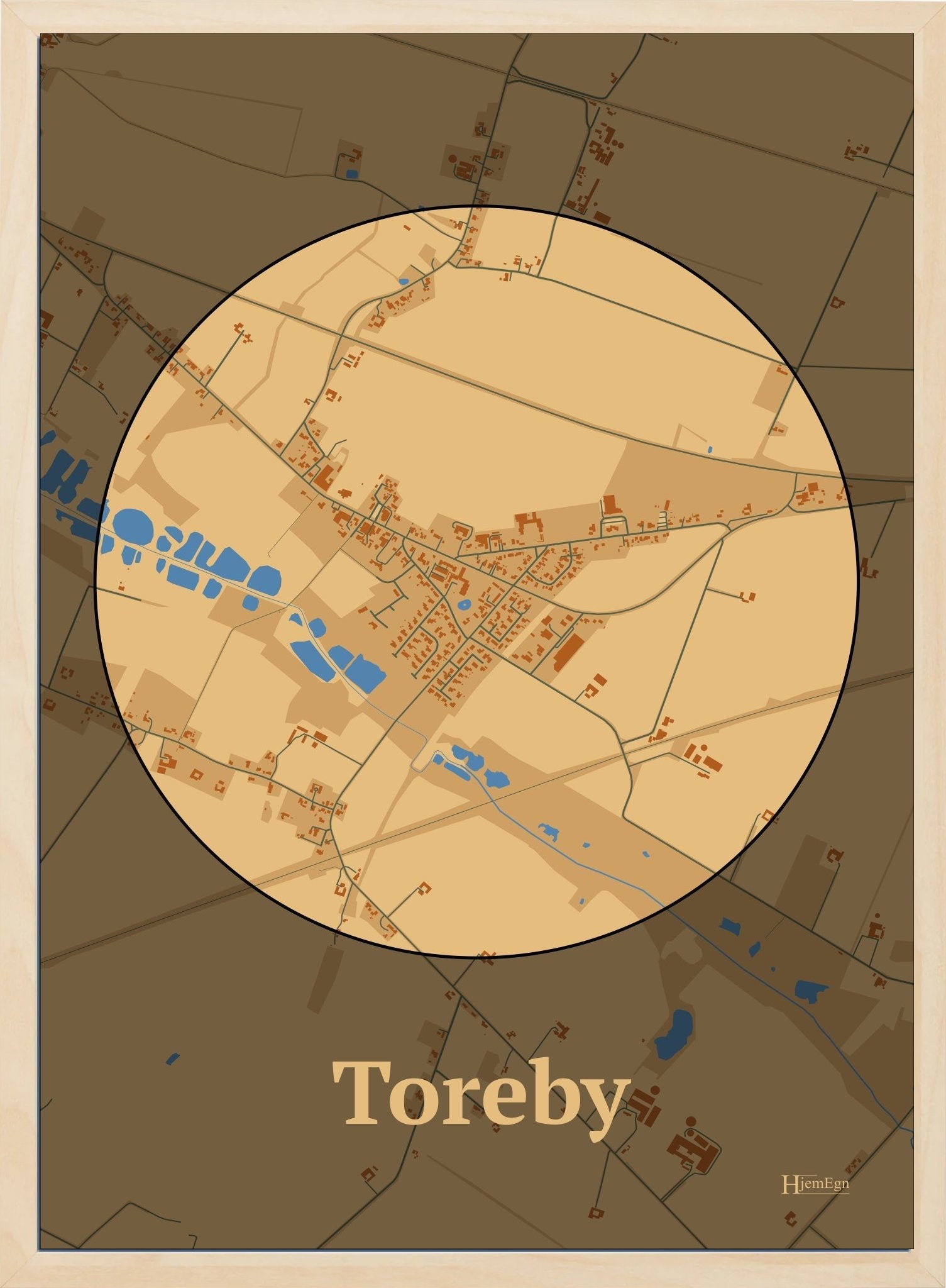 Toreby plakat i farve pastel brun og HjemEgn.dk design centrum. Design bykort for Toreby