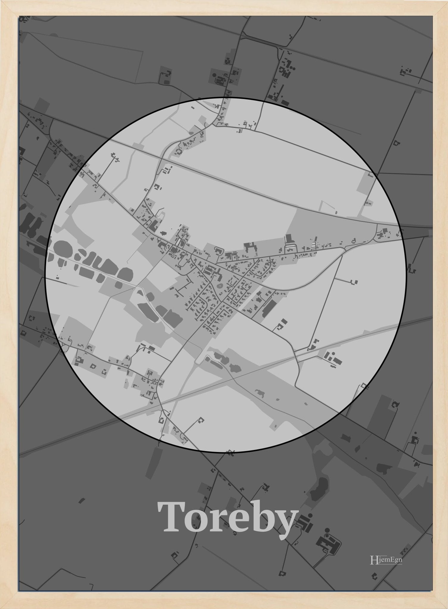 Toreby plakat i farve pastel grå og HjemEgn.dk design centrum. Design bykort for Toreby