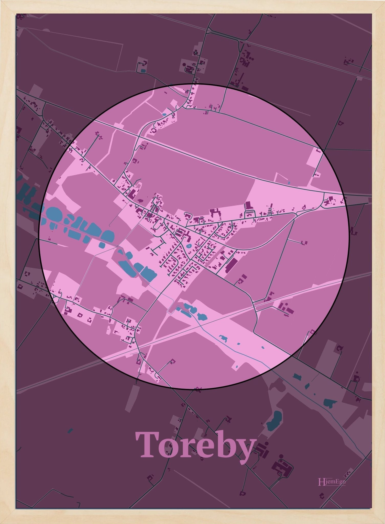 Toreby plakat i farve pastel rød og HjemEgn.dk design centrum. Design bykort for Toreby