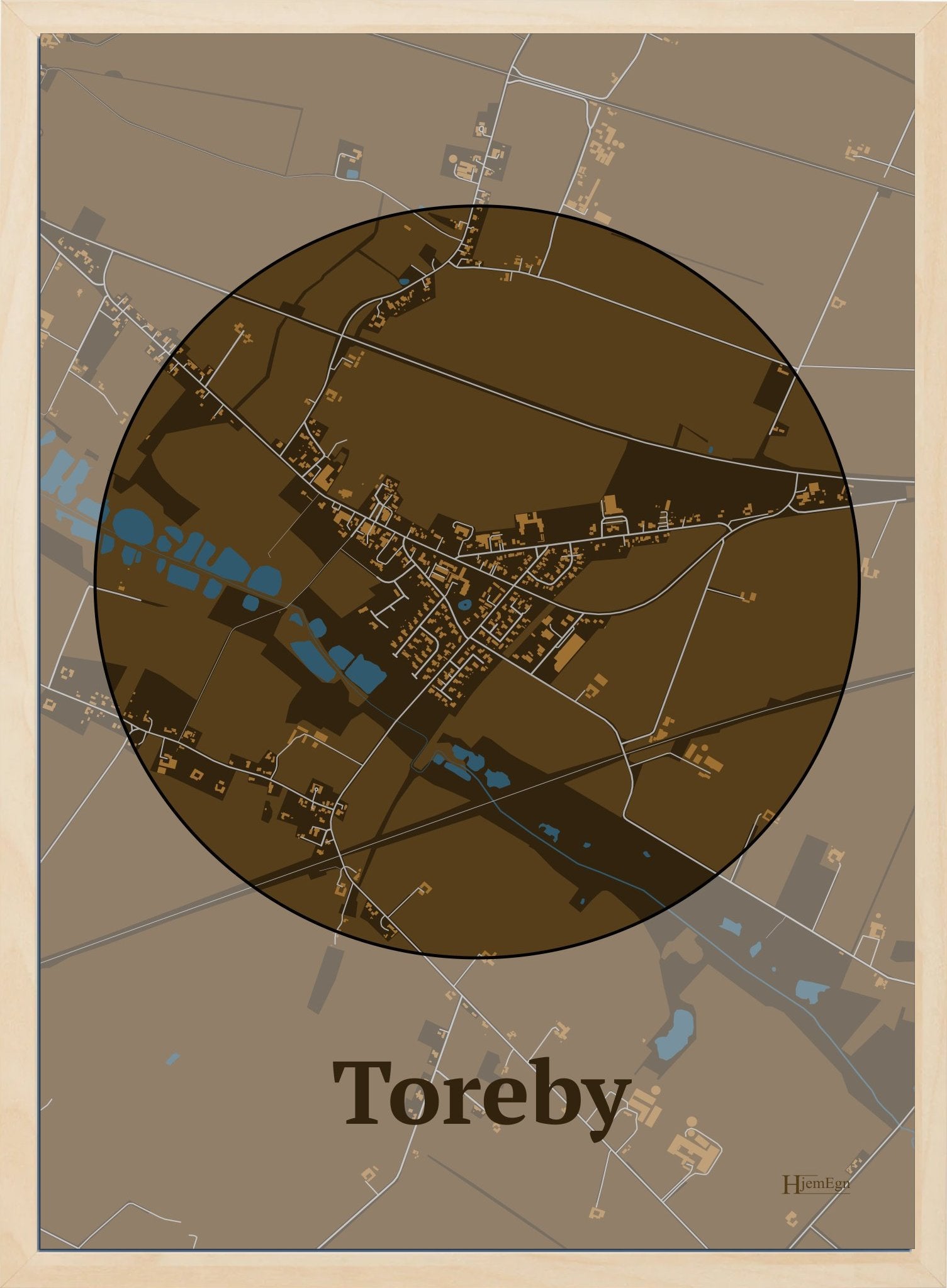 Toreby plakat i farve mørk brun og HjemEgn.dk design centrum. Design bykort for Toreby