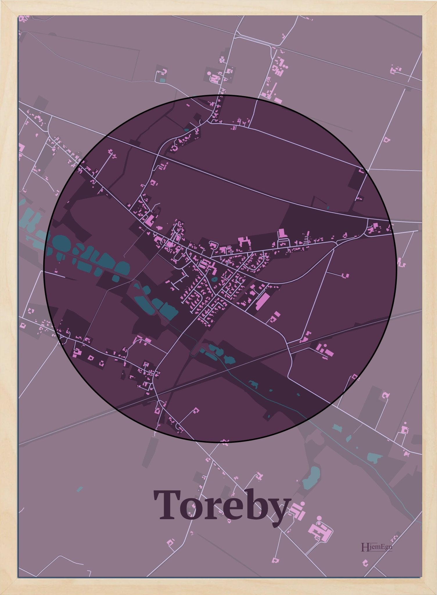 Toreby plakat i farve mørk rød og HjemEgn.dk design centrum. Design bykort for Toreby