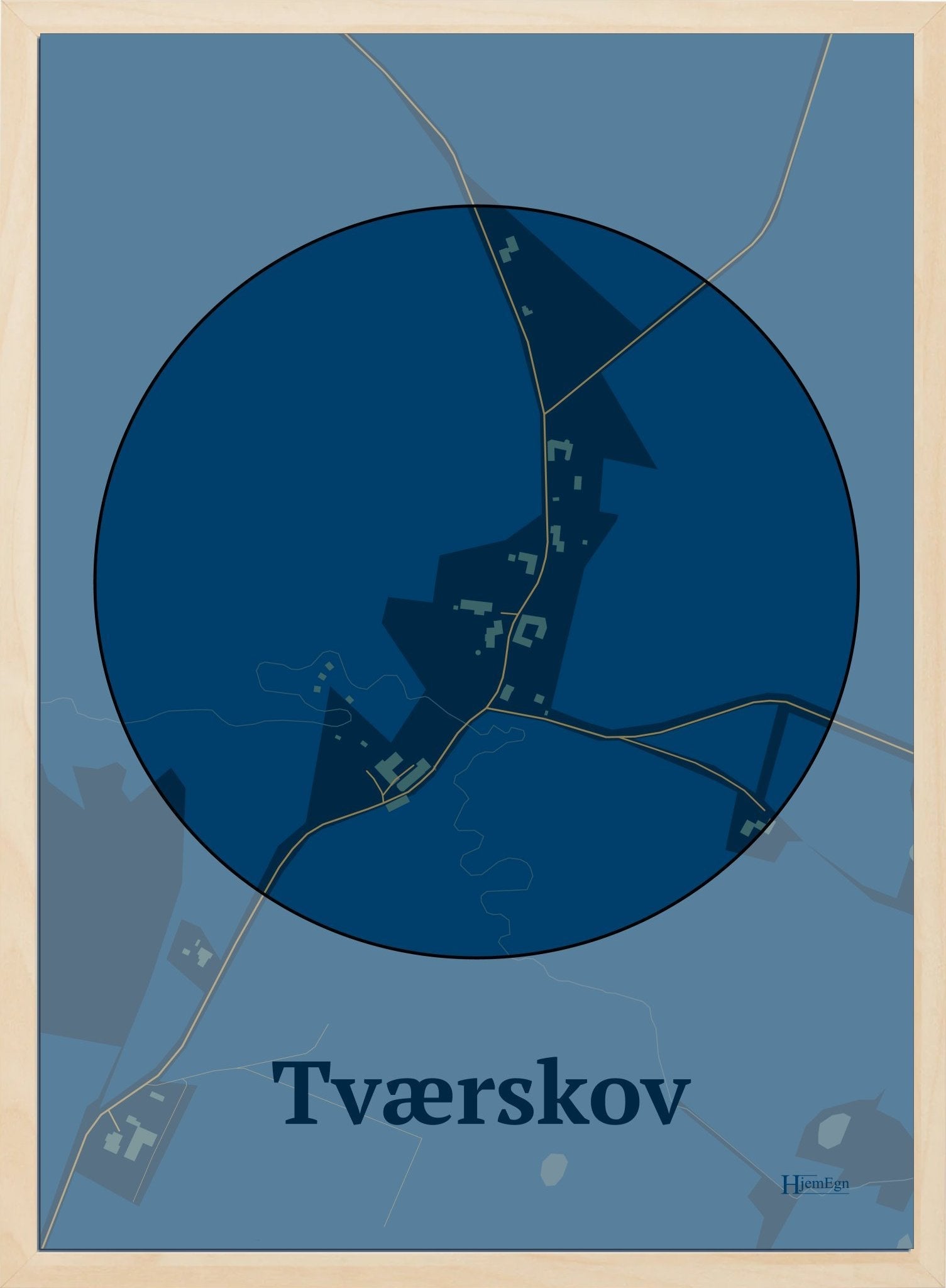 Tværskov plakat i farve mørk blå og HjemEgn.dk design centrum. Design bykort for Tværskov