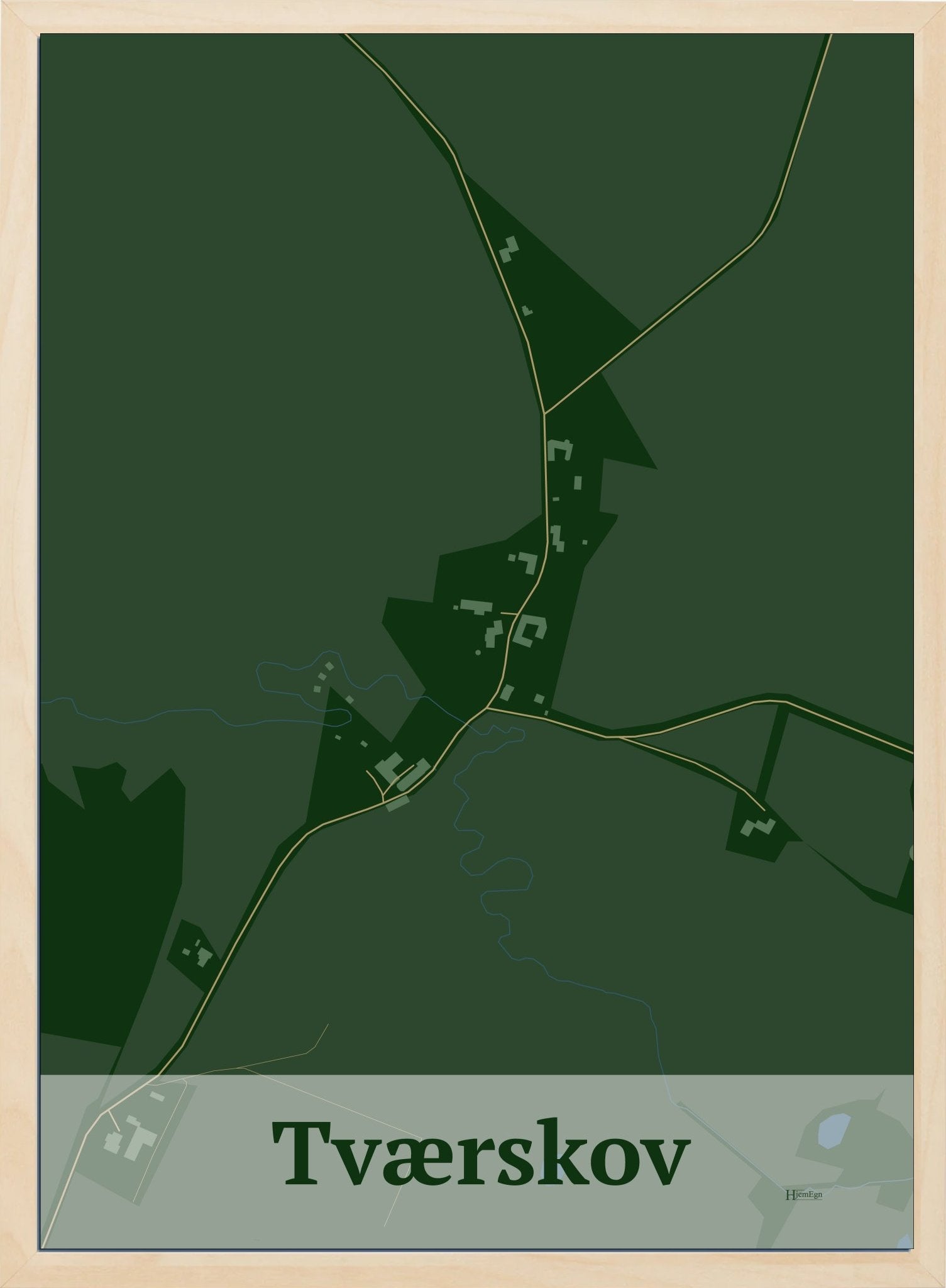 Tværskov plakat i farve mørk grøn og HjemEgn.dk design firkantet. Design bykort for Tværskov