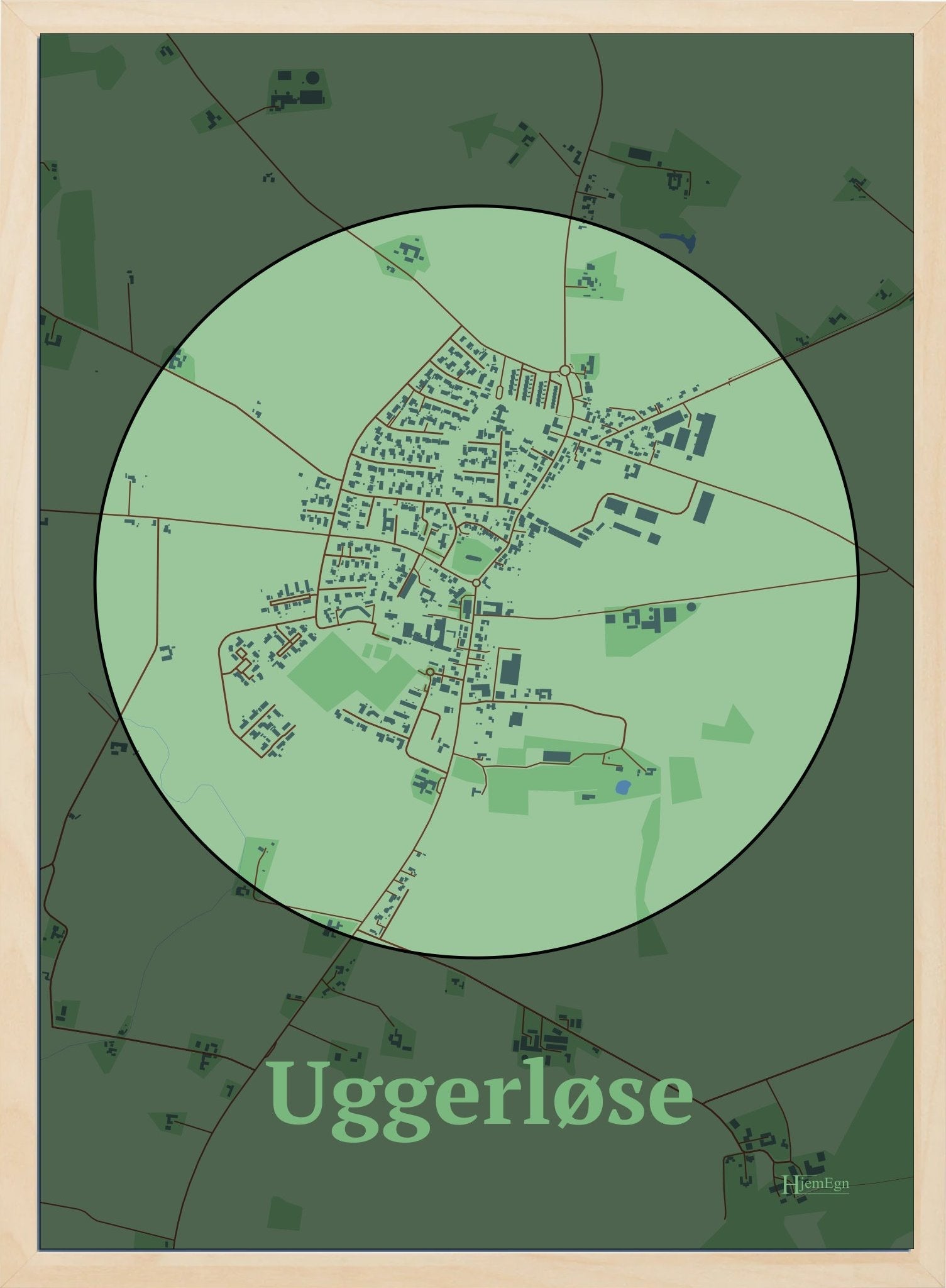 Uggerløse plakat i farve pastel grøn og HjemEgn.dk design centrum. Design bykort for Uggerløse