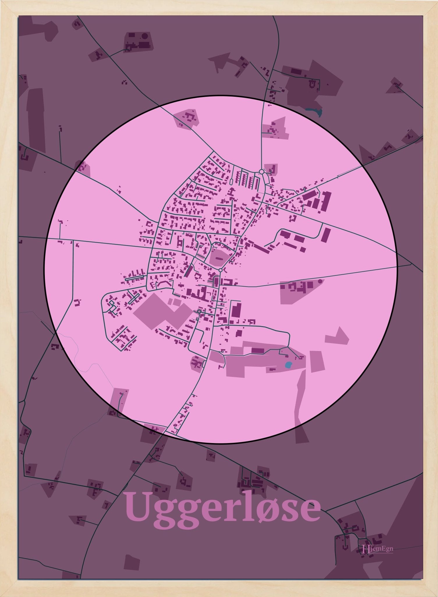 Uggerløse plakat i farve pastel rød og HjemEgn.dk design centrum. Design bykort for Uggerløse