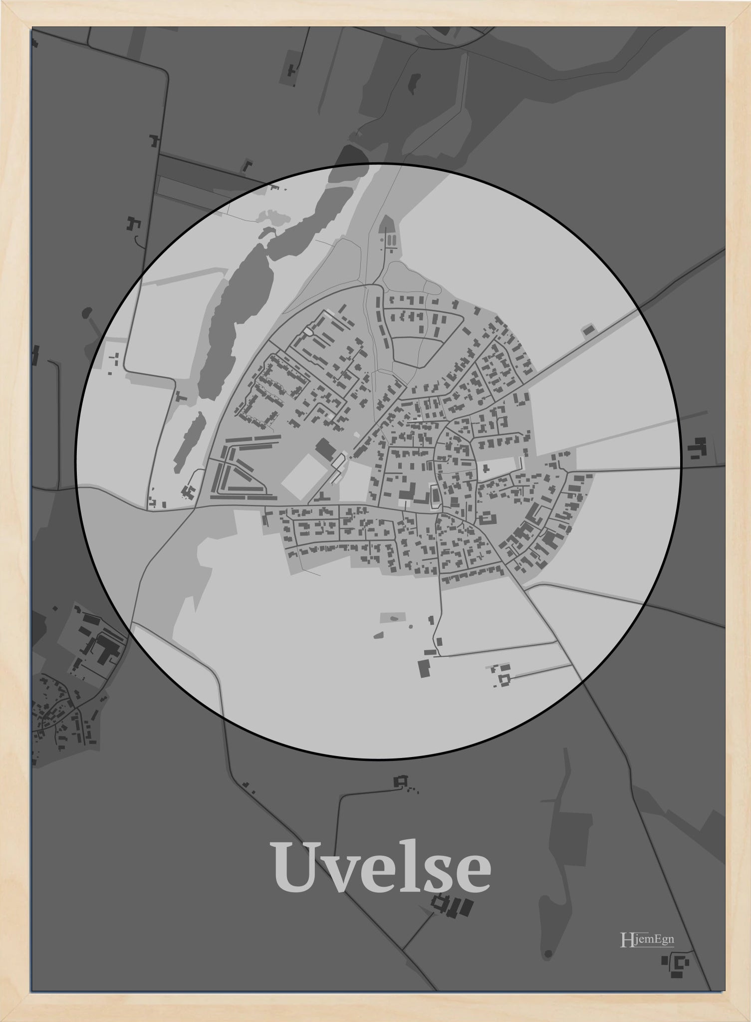 Uvelse plakat i farve pastel grå og HjemEgn.dk design centrum. Design bykort for Uvelse