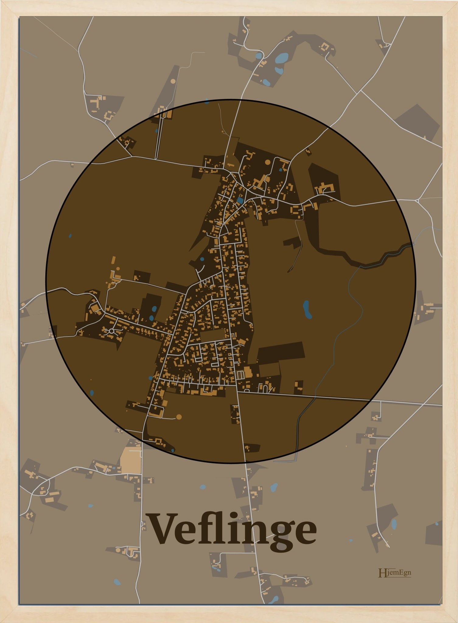 Veflinge plakat i farve mørk brun og HjemEgn.dk design centrum. Design bykort for Veflinge