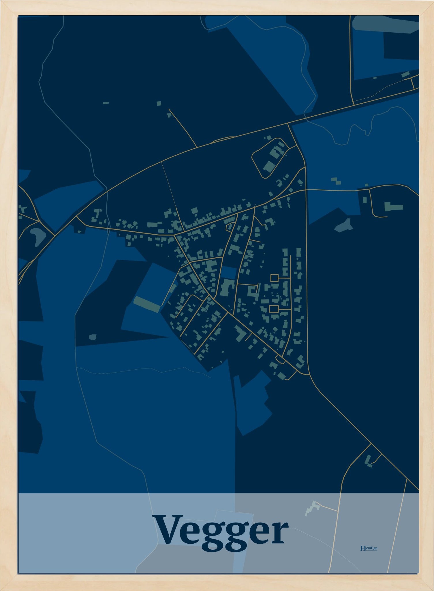 Vegger plakat i farve mørk blå og HjemEgn.dk design firkantet. Design bykort for Vegger