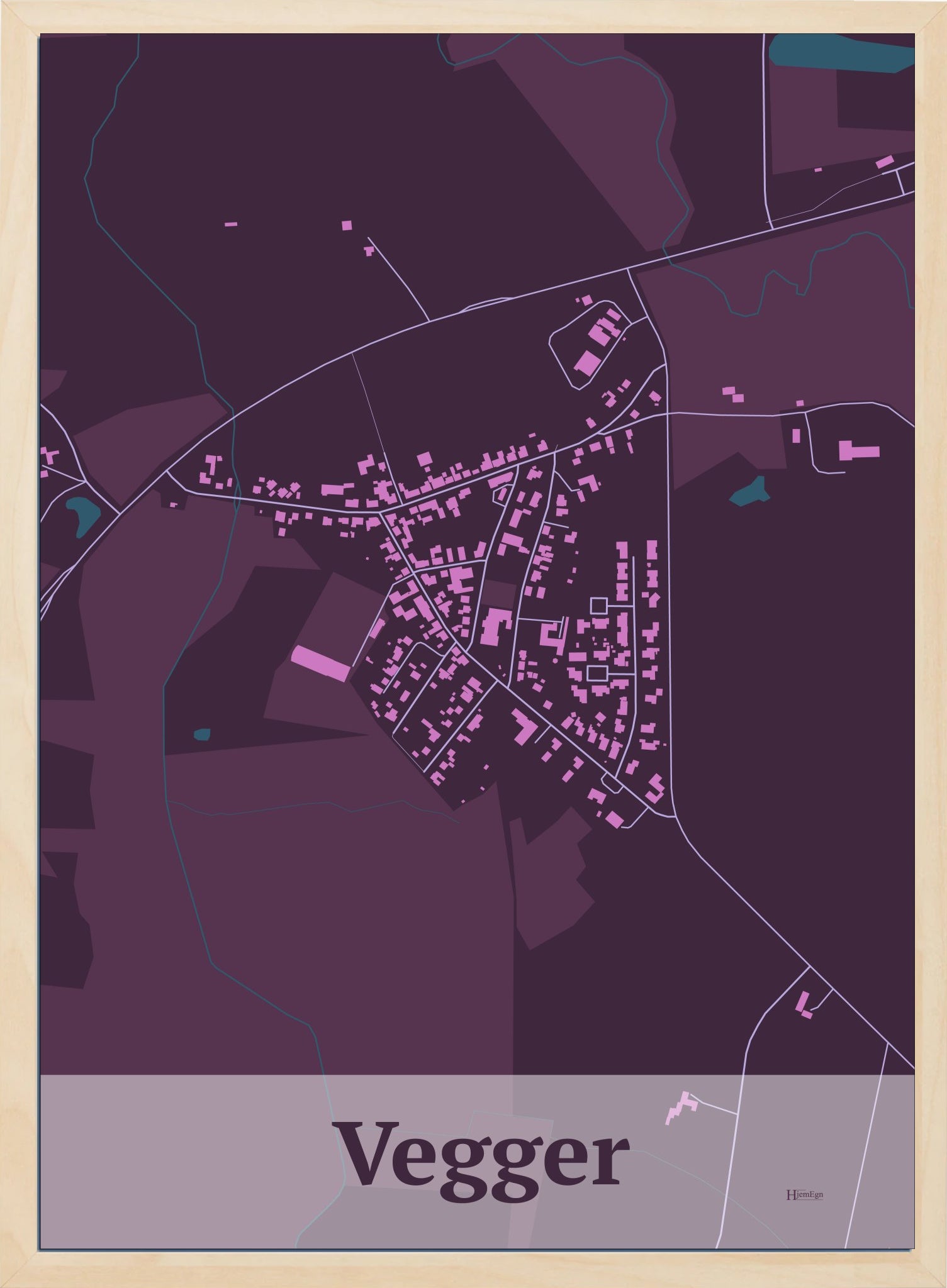 Vegger plakat i farve mørk rød og HjemEgn.dk design firkantet. Design bykort for Vegger