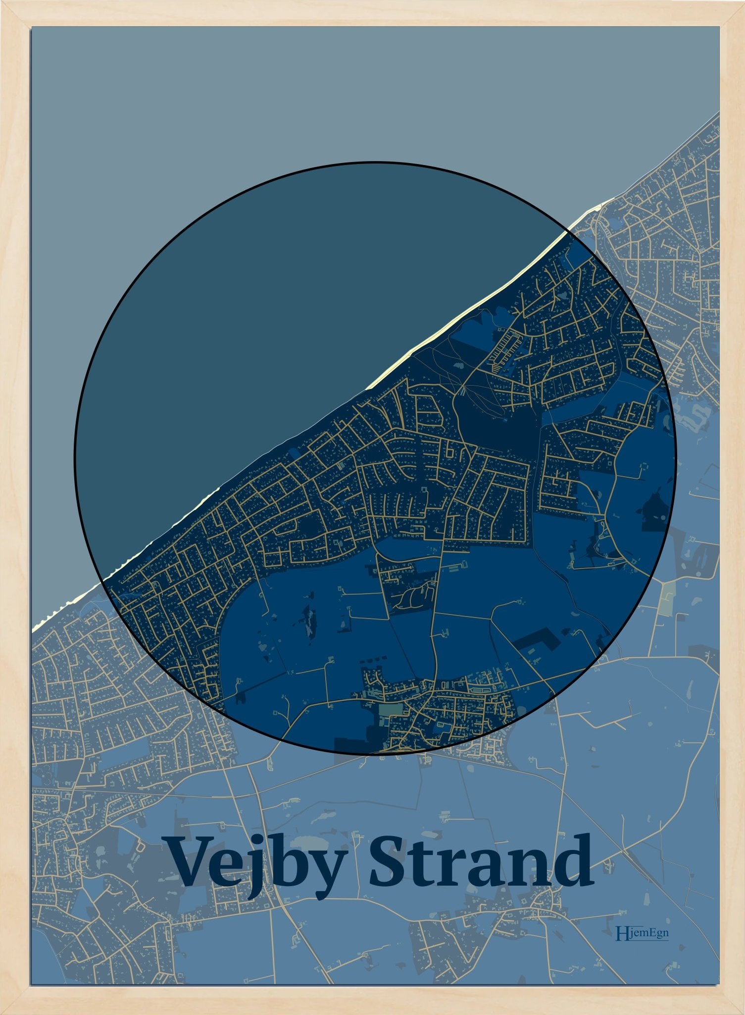 Vejby Strand plakat i farve mørk blå og HjemEgn.dk design centrum. Design bykort for Vejby Strand