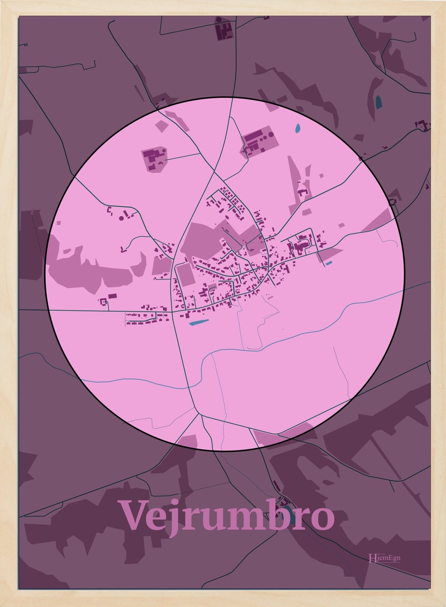 Vejrumbro plakat i farve pastel rød og HjemEgn.dk design centrum. Design bykort for Vejrumbro