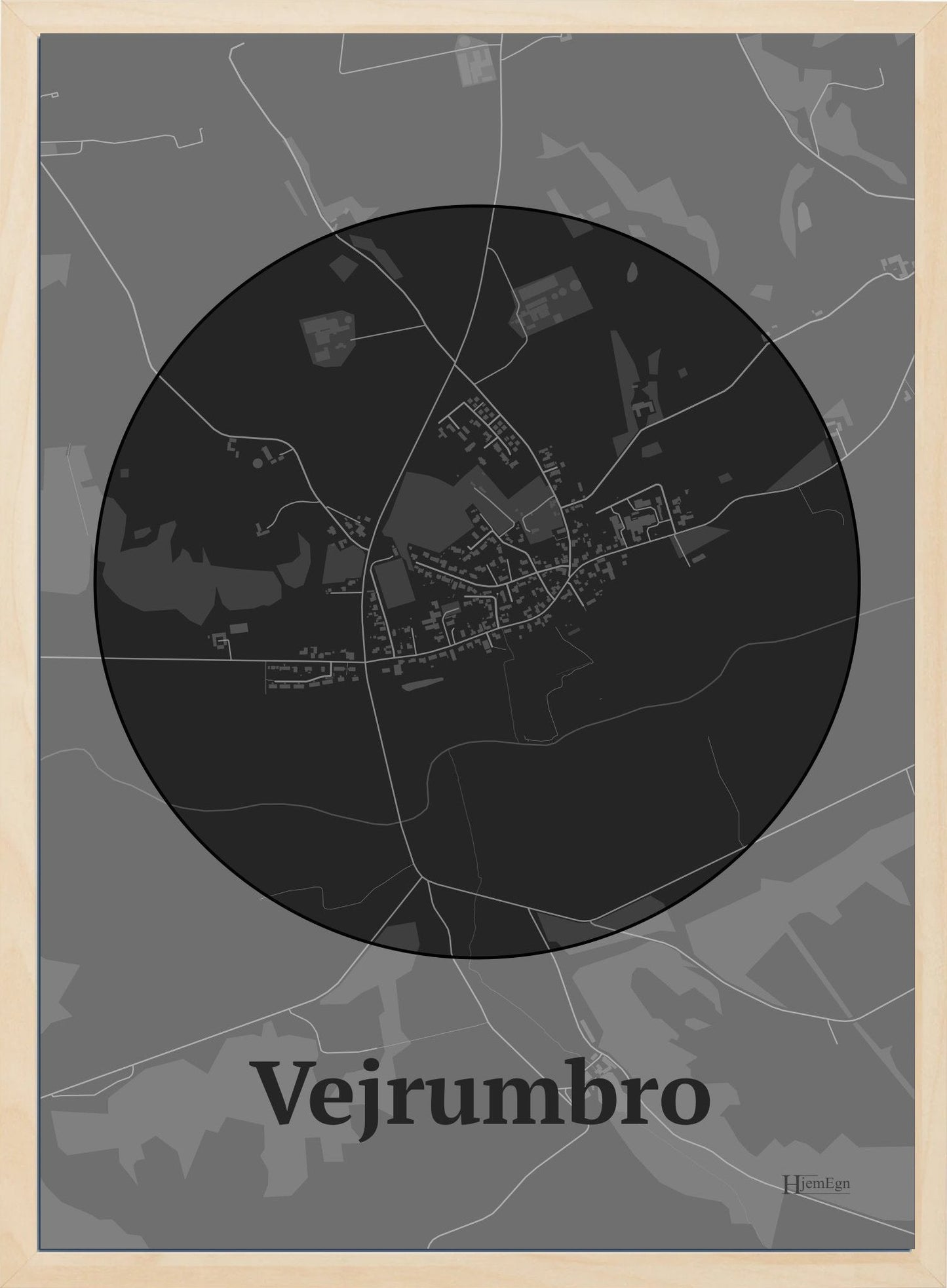 Vejrumbro plakat i farve mørk grå og HjemEgn.dk design centrum. Design bykort for Vejrumbro