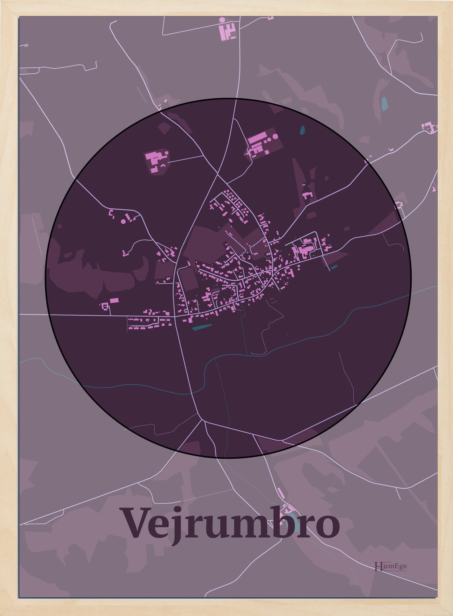 Vejrumbro plakat i farve mørk rød og HjemEgn.dk design centrum. Design bykort for Vejrumbro