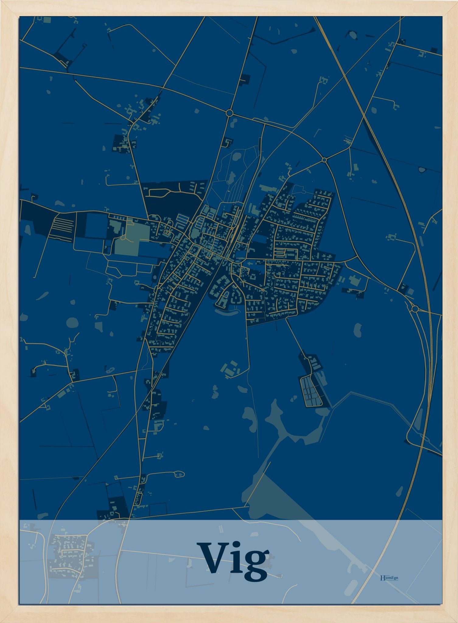 Vig plakat i farve mørk blå og HjemEgn.dk design firkantet. Design bykort for Vig